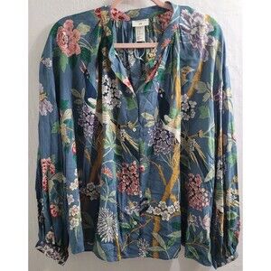 H&M Blue Botanical Print Peasant Blouse